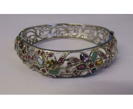 Silver semi precious stone set bangle, marked 925, 5.5 cm x 6 cm