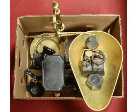 A box of miscellaneous items to include; pair of Victorian brass beam scales, brass scales and weights etc 
