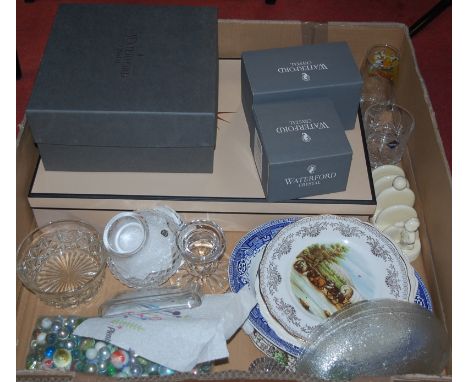 A box of miscellaneous china and glassware to include; Waterford Crystal pot pourri bowl, carriage clock, pair of Waterford b