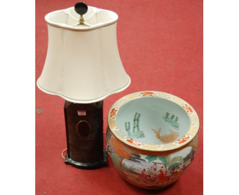 An Art Deco style green and black faux marble table lamp and shade; together with a large reproduction Chinese jardiniere (2)
