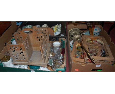 A large collection of miscellaneous items to include tennis racquets, carved softwood four division book trough, oak mantel c