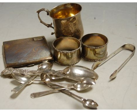 A mid-20th century silver cigarette case with engine turned decoration; together with a Victorian silver christening mug; two