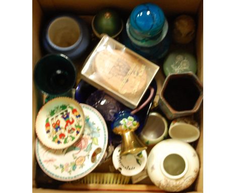 A small collection of miscellaneous items to include Mdina blue glass decanter and stopper 