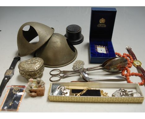 A box of miscellaneous items to include; boxed Halcyon Days enamel clock, lighters, flatware, sewing implements etc  