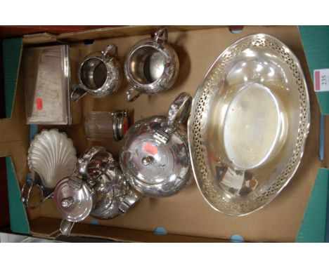 A small collection of assorted silver plated wares to include; four piece tea / coffee service, table cigarette box etc 