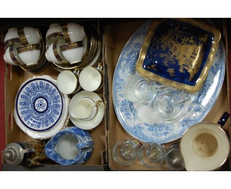 Two boxes of miscellaneous china to include; large Victorian blue and white meat plate, Carltonware lustre dish, Cauldon blue