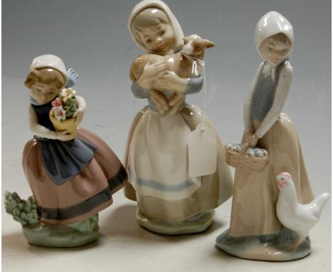 A Lladro figure of a child holding a flowerpot and contents; together with a Nao figure of a girl with lamb; and one other (3