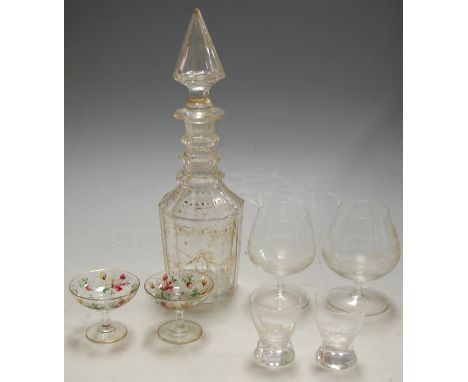 A small collection of miscellaneous glassware to include; late 19th century decanter and stopper with gilt swag and bow decor