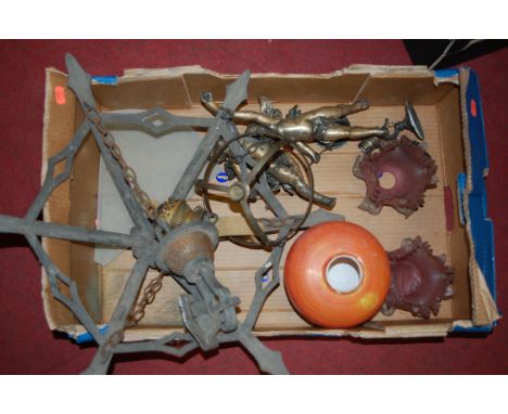 An early 20th century ceiling light pendant with glass panels; together with two pink glass shades etc  Condition Report / Ex
