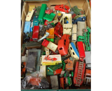 A box of assorted loose and playworn diecast toy vehicles to include; Dinky Toys Big Bedford truck, Dinky Toys fire engine et