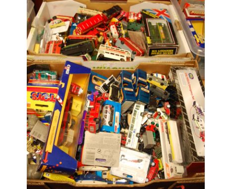 Two boxes of mixed boxed and loose diecast vehicles to include a Solido Londoner double decker bus, Corgi Volvo Globetrotter 
