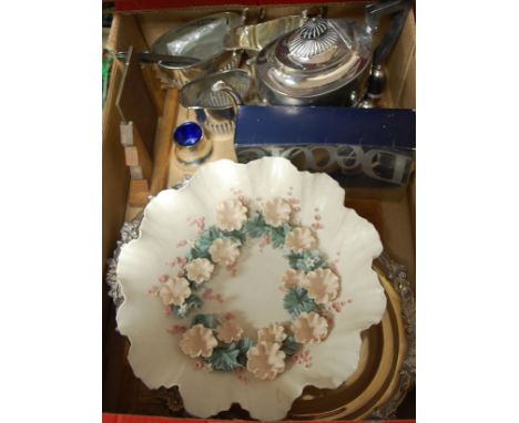 A box of miscellaneous items to include; silver plated four piece tea service, Art Deco oak picture frame, silver plated tray