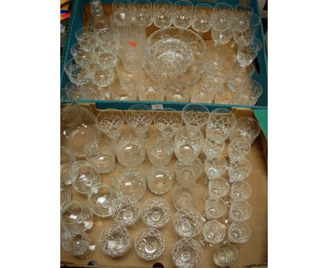 Two boxes of assorted cut crystal and other glassware to include decanter and stopper, wine hocks, whisky tumblers etc