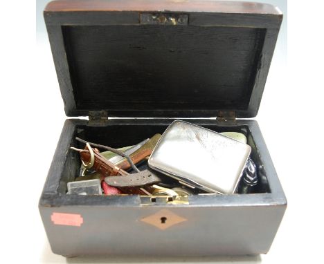 A 19th century tea caddy and contents to include; silver plated cigarette case, wristwatches, lighters etc 
