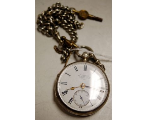 H Samuel of Manchester silver cased gents open faced pocket watch having signed white enamel dial numbered 8594, keywind move