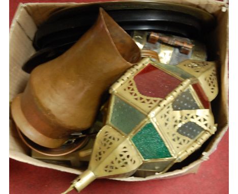 A large collection of miscellaneous items to include; carved wooden bust of a lady, copper pan, table lamp, copper jugs etc