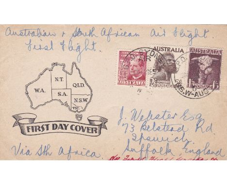 Australia 1952 FDC envelope with manuscript First Flight Australia - South Africa addition red manuscript No. 1st Flight serv