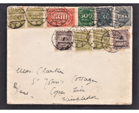 Germany 1923 Envelope posted to Wimbledon from the Rhine Army Officers Club cancelled 10/11/12923 Cologne on S.G. 240 500m, S