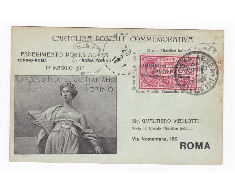 Italy 1917 Commemorative postcard for the Express Airmail route Torino-Rome, Rome-Torino dated (19 May) 1917, Italy cancelled