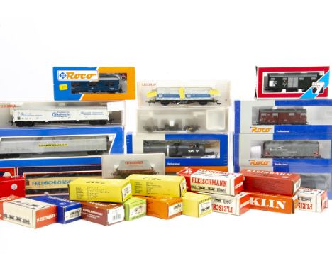 HO Gauge Goods Wagons, a boxed/cased collection includes Roco (6) one a 44340A track cleaner, Lima (2), Kleinbahn (8) Jouef (