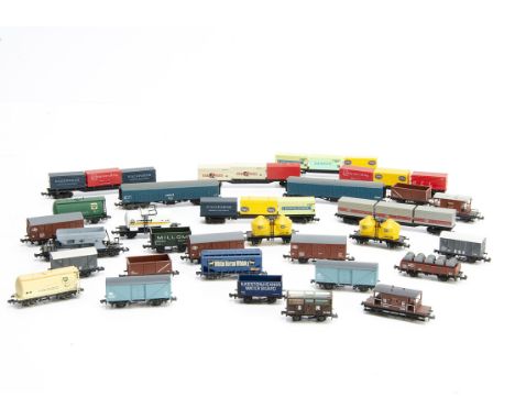 N Gauge British Outline Goods Wagons,  all unboxed includes various examples by Lima (11), Minitrix (12) and Peco (7), G, (30