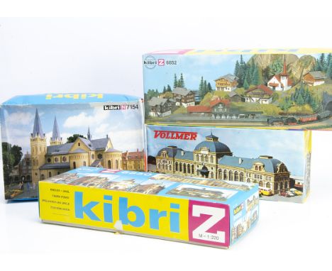 Kibri and Vollmer Z and N Gauge Kit Layout Model Buildings, four boxed unmade sets Z gauge B-6852 buildings set includes seve