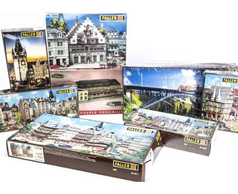 Faller and Jouef HO Gauge Layout Model Building Sets, a boxed group of unmade kits comprising Faller B926 (2) town houses, B9