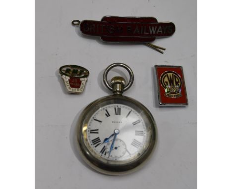 A Vintage LMS 'Record' 15-Jewel Pocket Watch and 3 later badges,  the watch of 2¼" diameter with maker's name (Record) to fac