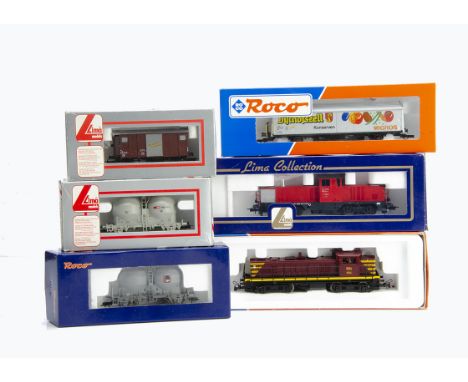 HO Gauge Diesel Locomotives and Goods Wagons,  a boxed group comprises two locomotives Roco 63436 BR 904 900 of the CFL (Luxe