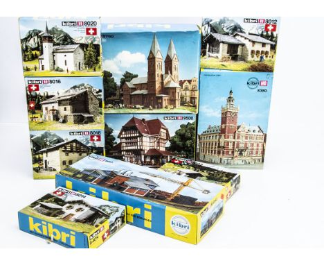 Kibri HO Gauge Layout Model Building Sets, a boxed group of unmade kits comprising single buildings B8016 B8014, B8022, B8020