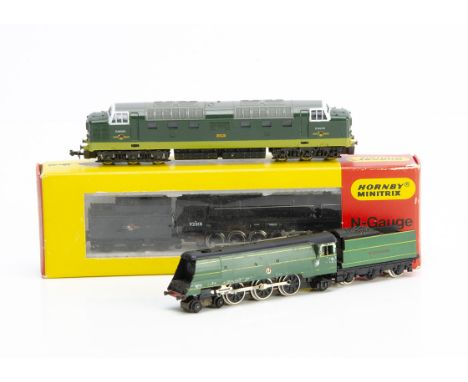 N Gauge Steam and Diesel Locomotives, three examples steam locomotives with tenders boxed Minitrix BR 92018 Class 9F in black