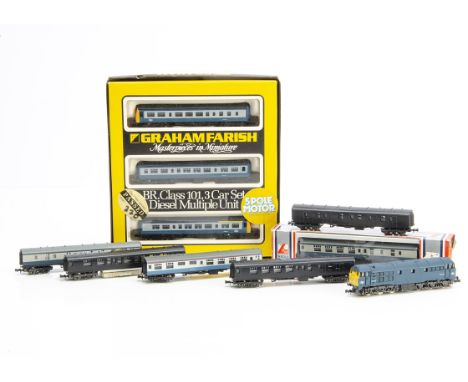 BR N Gauge Locomotives and Coaches, a boxed 8145 BR DMU in blue/grey livery, unboxed BR Class 32 diesel D5518, three BR blue/