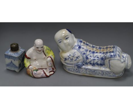 A Chinese blue and white tea caddy, a Buddha and another caddy 11cm