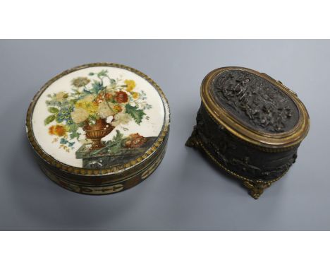 A 19th century painted ivory circular snuff box and a patinated copper trinket box (2) Snuff box 11cm. diameter