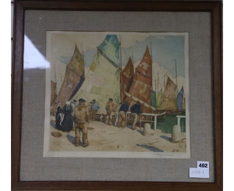 Tavik Frantisek Simon (1877-1942) - A signed aquatint print of fishermen on a quay 34 x 38cm