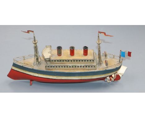 A rare early 1900s tinplate three funnelled clockwork powered ocean liner probably by Fleischmann for Carette