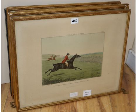 After Henry Alken, set of four (of 6) colour prints, Hunting recollections, 38 x 48cm overall and another hunting print