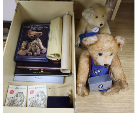 A Steiff BMW bear box - Steiff Good Luck bear, two Herman miniature bears. Brown Derby bone china bear, three teddy book Sue 