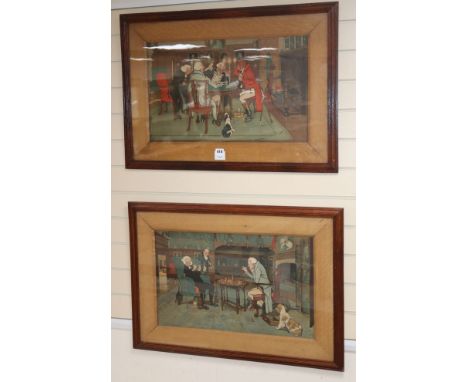 After Cecil Aldin, pair of chromolithographs, Interiors with gentleman playing chess and cards, 37 x 60cm