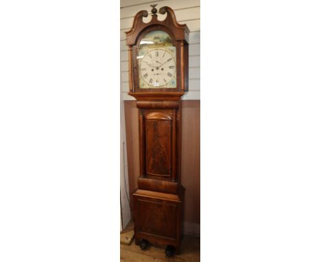 An early 19th century mahogany Scottish eight day longcase clock, painted dial H.218cm