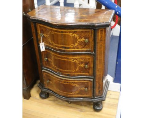 An 18th century Italian inlaid walnut three drawer serpentine front commode W.68cm