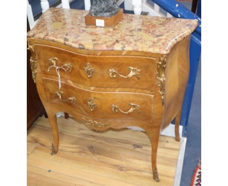 A Louis XVI style marble top serpentine commode W.82cm