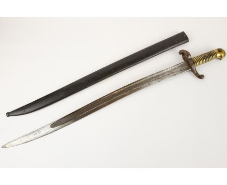 A French Model 1842 sabre bayonet, recurved blade dated 1859, brass hilt, in its steel scabbard. GC (scabbard cleat missing).