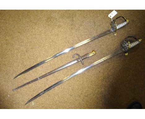 A Victorian 1845 pattern Infantry officer's sword, and another similar with folding guard, quite GC (worn, grips painted silv