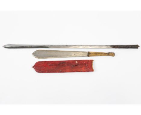 A Masai short sword, Seme, flat spatulate blade 13", with plain hide covered grip, in its red hide covered scabbard, GC; and 