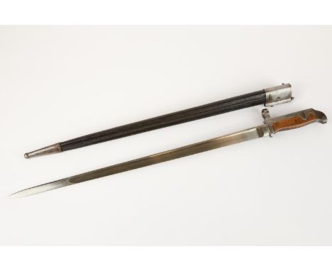 A Danish M1915 bayonet for the Krag Jorgensen rifle, the hilt marked "HAERENS TOJHUS", in its steel mounted leather scabbard.