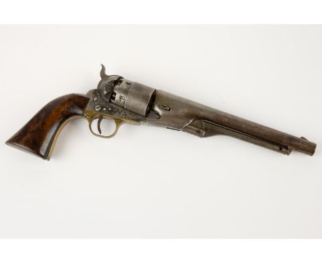 An old copy of a 6 shot .44" Colt Model 1860 Army Percussion revolver, number 51375, with naval scene on the cylinder, one gr