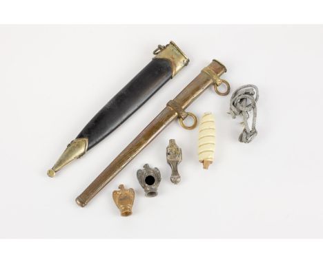 Third Reich dagger parts: Naval dagger scabbard; ditto hilt mounts and grip (damaged and incomplete); brass Naval pommel (de-
