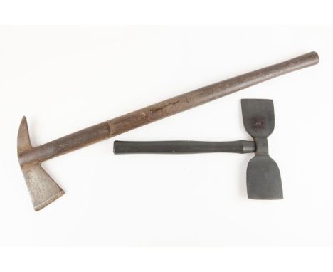 A fireman's large axe, wooden haft 33½"; also an fireman's unusual double bladed axe, 16". GC £40-50 