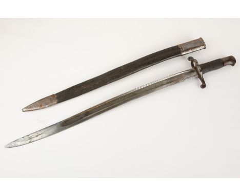 An 1856 pattern Snider Enfield bayonet, recurved blade 22½", in its steel mounted leather scabbard. GC (some rusting and wear